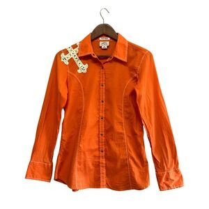 Ariat Womens Top Sz M Orange Fitted Long Sleeve Shirt Cross Studded Snap Buttons